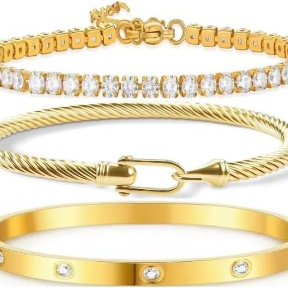 Gold Plated Love Bracelet Set 3 Pcs Adjustable Zircon Horseshoe Chain Jewelry - Picture 1 of 6